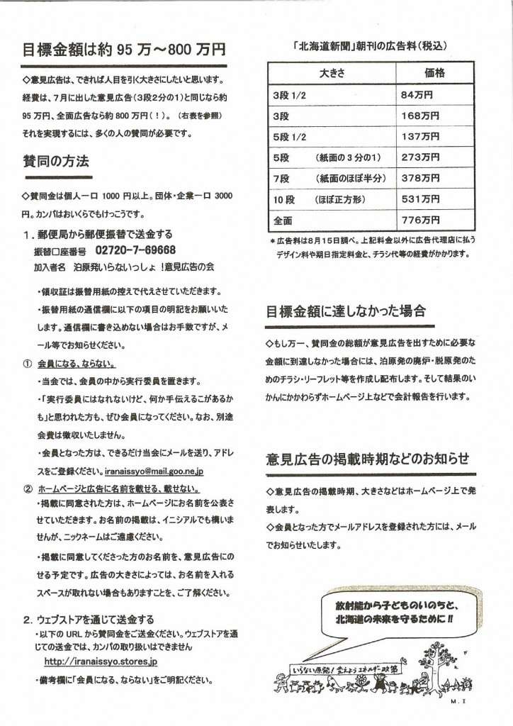 泊原発いらないっしょ意見広告裏面
