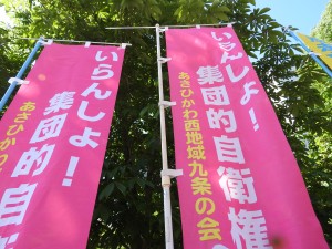 「いらんしょ！集団的自衛権」の旗は2年目。この旗がいらなくなる日までがんばります！